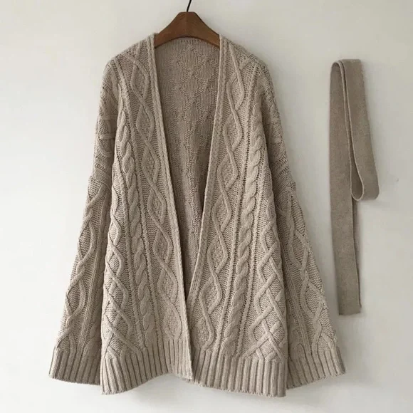 Cardigan belt sweater cable knit khaki womens long sleeve top - Picture 5 of 7